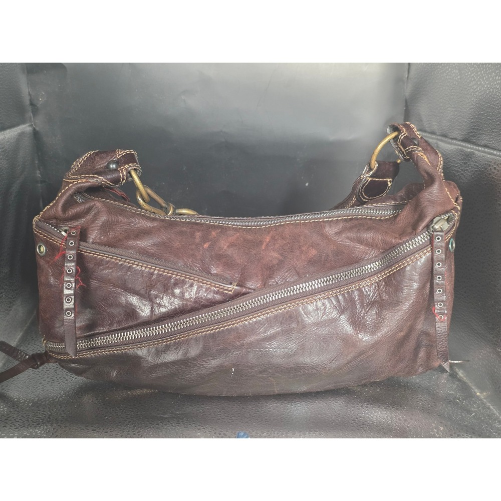 VTG Francesco Biasia Brown Distressed Leather Shoulder Bag Asymmetrical Zip Y2K